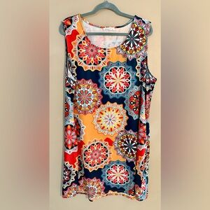 Women's Size 3X Swing Dress Colorful Medallion - Navy, Orange, Red, Aqua
